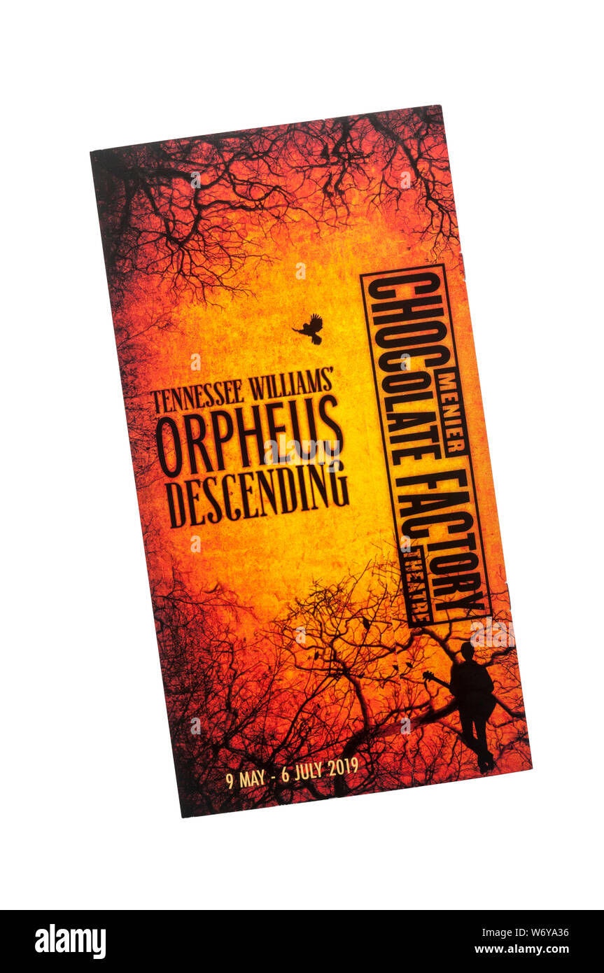 Theatre programme for 2019 production of Orpheus Descending by Tennessee Williams at the Menier Chocolate Factory Theatre.. Stock Photo