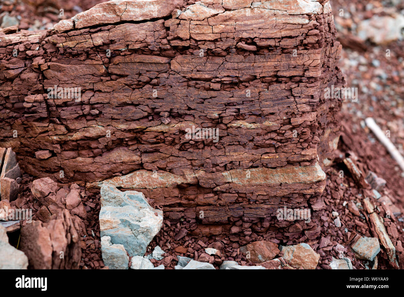 Soil cutsandstone, stones, clay, sand structure and layers. slice of