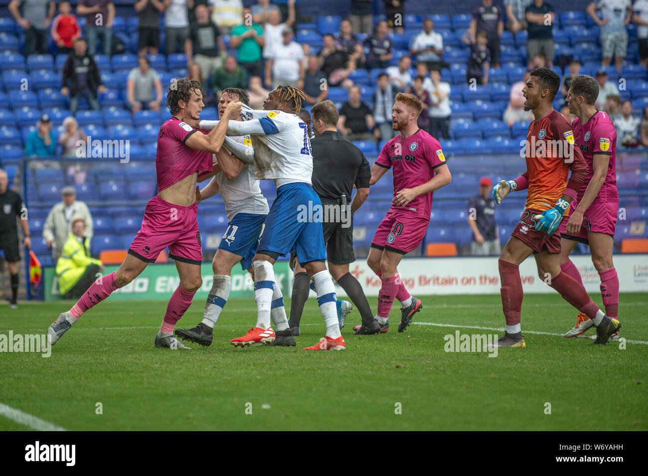 BIRKENHEAD, ENGLAND 3rd August A fight erupts in the goalmouth following Tranmere's second goal during the Sky Bet League 1 match between Tranmere Rovers and Rochdale at Prenton Park, Birkenhead on Saturday 3rd August 2019. (Credit: Ian Charles | MI News) Credit: MI News & Sport /Alamy Live News Stock Photo