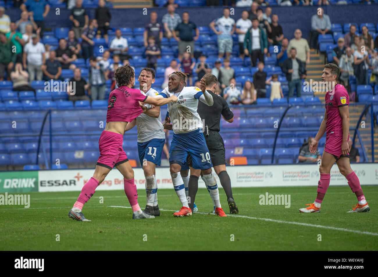 BIRKENHEAD, ENGLAND 3rd August A fight erupts in the goalmouth following Tranmere's second goal during the Sky Bet League 1 match between Tranmere Rovers and Rochdale at Prenton Park, Birkenhead on Saturday 3rd August 2019. (Credit: Ian Charles | MI News) Credit: MI News & Sport /Alamy Live News Stock Photo