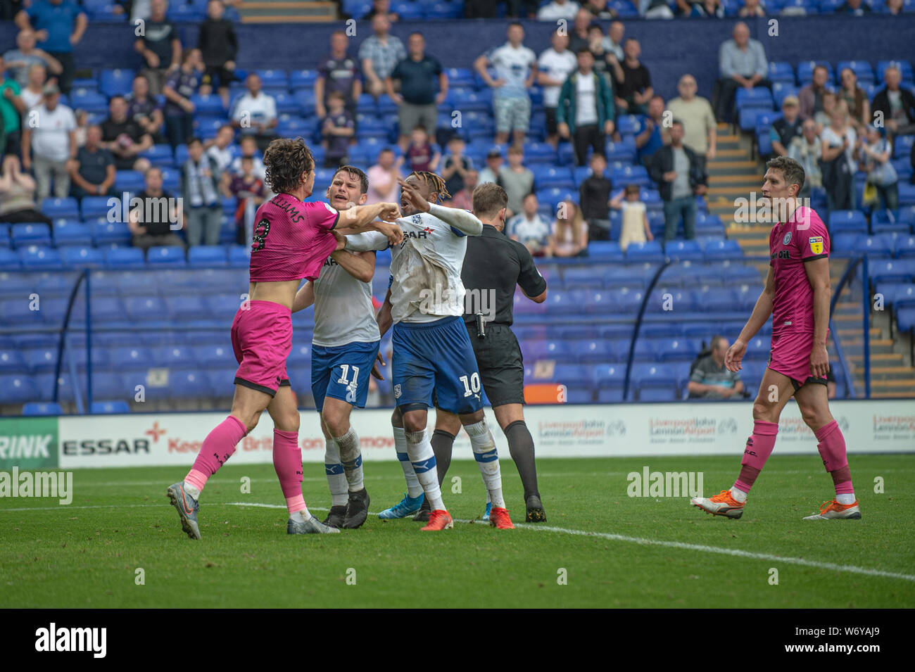 BIRKENHEAD, ENGLAND 3rd August A fight erupts in the goalmouth following Tranmere's second goal during the Sky Bet League 1 match between Tranmere Rovers and Rochdale at Prenton Park, Birkenhead on Saturday 3rd August 2019. (Credit: Ian Charles | MI News) Credit: MI News & Sport /Alamy Live News Stock Photo