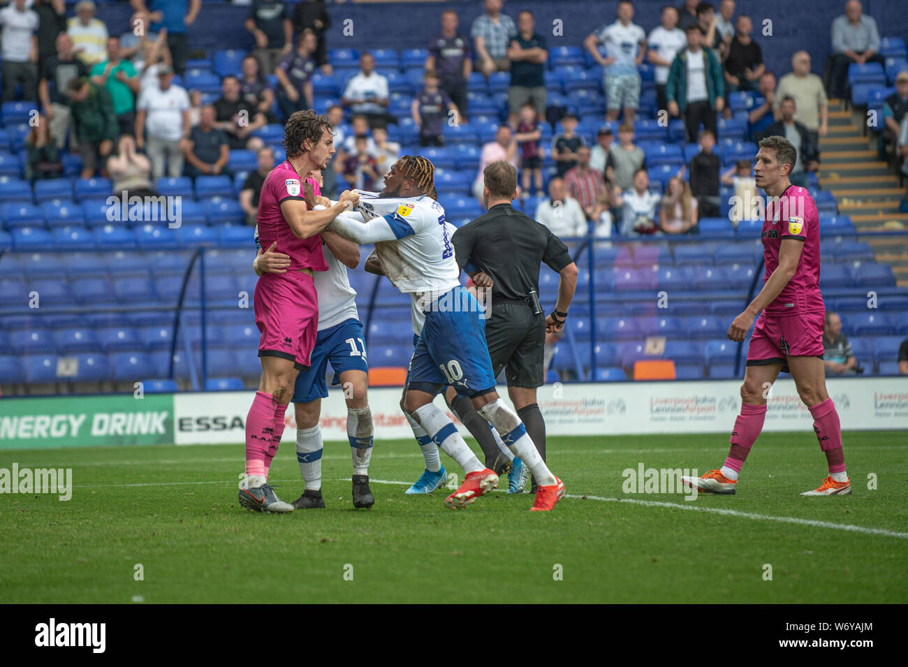 BIRKENHEAD, ENGLAND 3rd August A fight erupts in the goalmouth following Tranmere's second goal during the Sky Bet League 1 match between Tranmere Rovers and Rochdale at Prenton Park, Birkenhead on Saturday 3rd August 2019. (Credit: Ian Charles | MI News) Credit: MI News & Sport /Alamy Live News Stock Photo