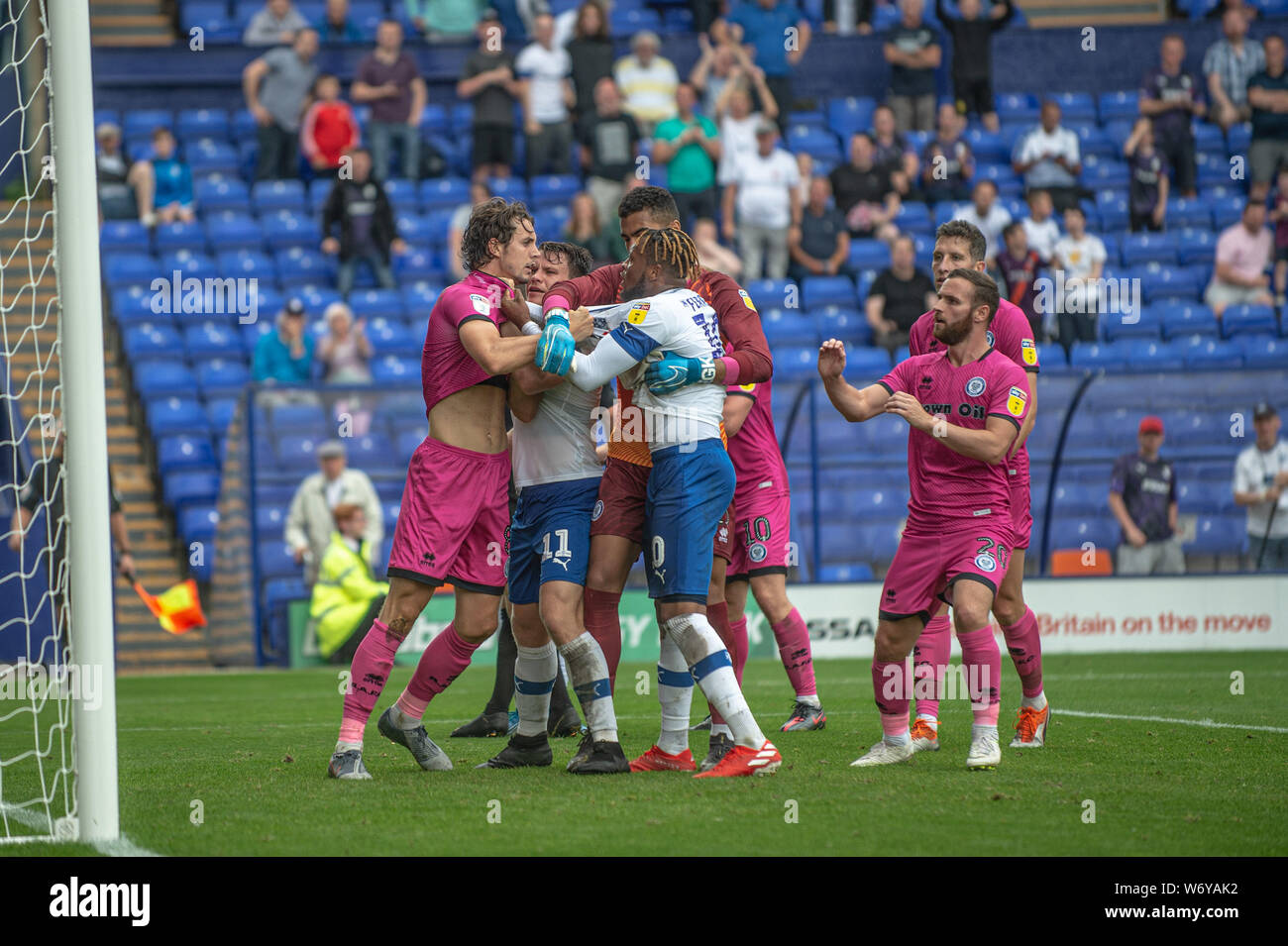 BIRKENHEAD, ENGLAND 3rd August A fight erupts in the goalmouth following Tranmere's second goal during the Sky Bet League 1 match between Tranmere Rovers and Rochdale at Prenton Park, Birkenhead on Saturday 3rd August 2019. (Credit: Ian Charles | MI News) Credit: MI News & Sport /Alamy Live News Stock Photo