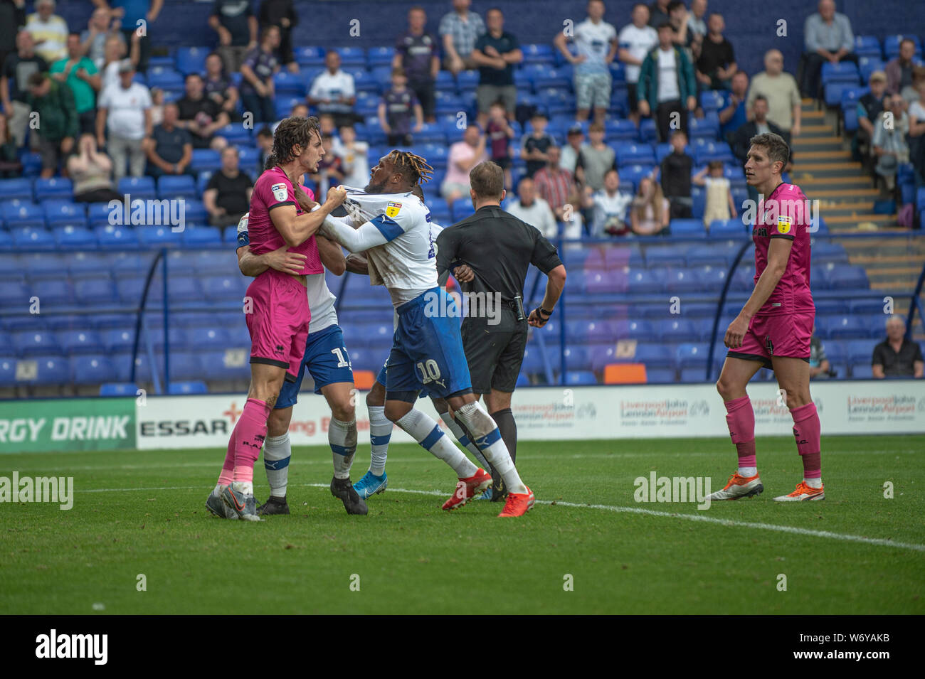 BIRKENHEAD, ENGLAND 3rd August A fight erupts in the goalmouth following Tranmere's second goal during the Sky Bet League 1 match between Tranmere Rovers and Rochdale at Prenton Park, Birkenhead on Saturday 3rd August 2019. (Credit: Ian Charles | MI News) Credit: MI News & Sport /Alamy Live News Stock Photo