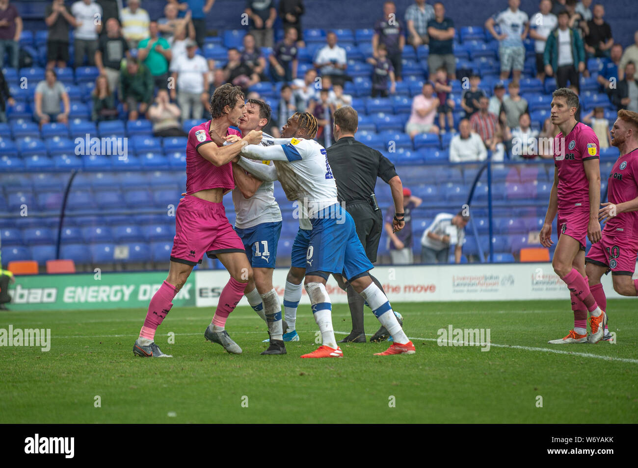 BIRKENHEAD, ENGLAND 3rd August A fight erupts in the goalmouth following Tranmere's second goal during the Sky Bet League 1 match between Tranmere Rovers and Rochdale at Prenton Park, Birkenhead on Saturday 3rd August 2019. (Credit: Ian Charles | MI News) Credit: MI News & Sport /Alamy Live News Stock Photo