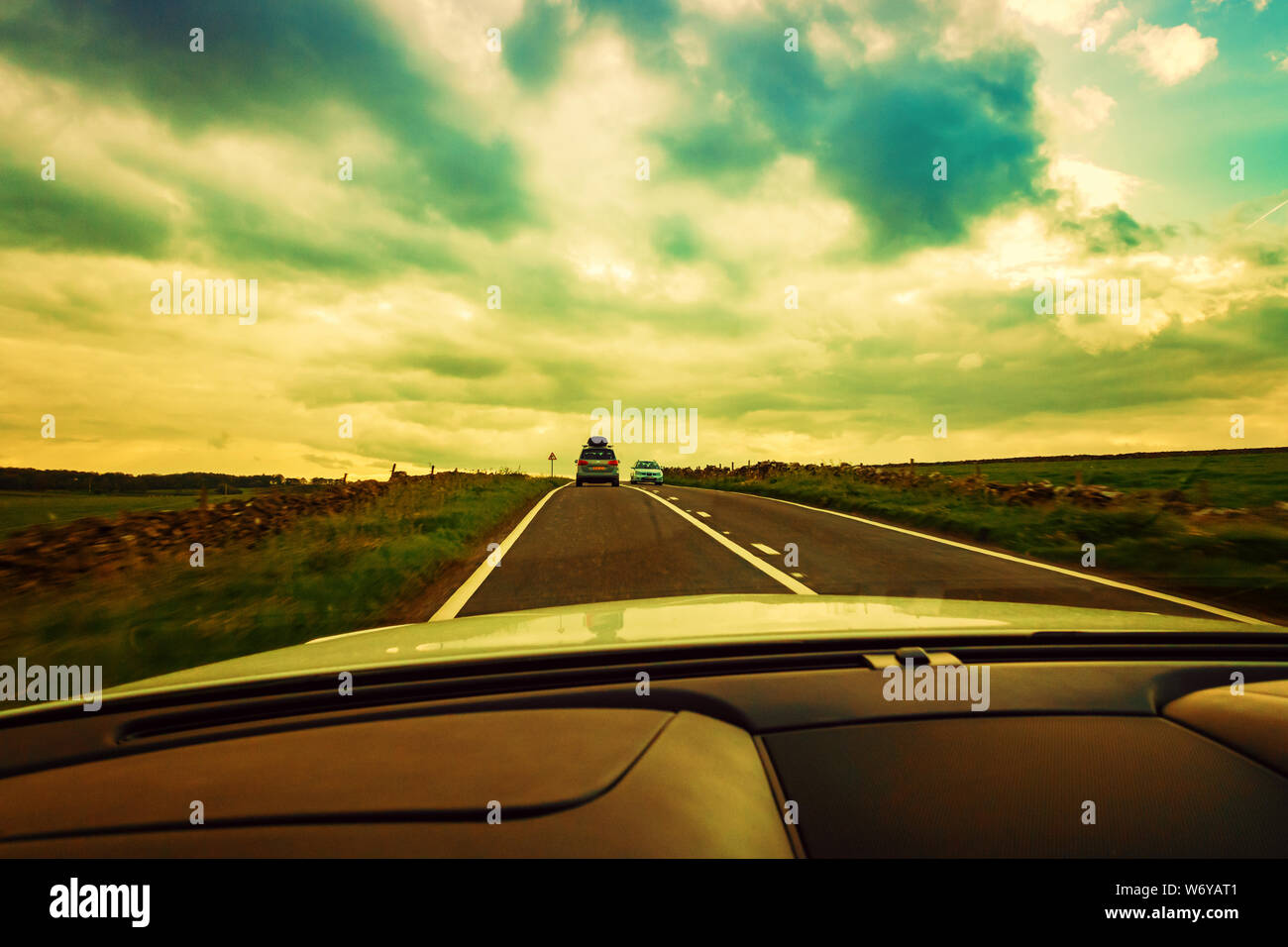Drivers view through the windscreen of a Bentley Continental GTC Supersport car Stock Photo