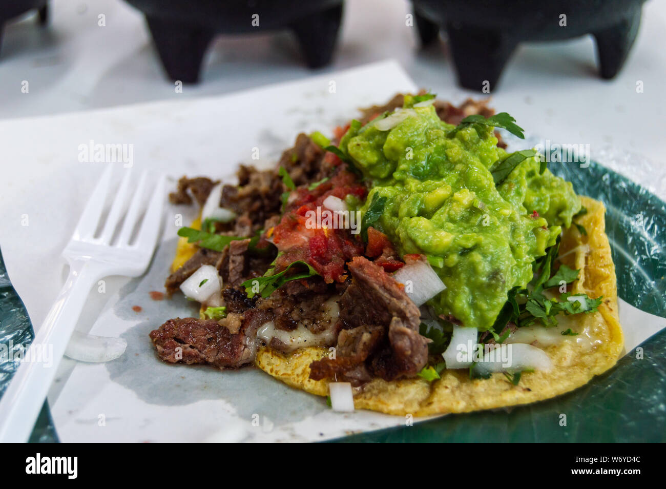 Grilled beef (carne asada) quesadilla, as served in a Tijuana taco shop with guacamole, tomatoes, onions and cilantro Stock Photo