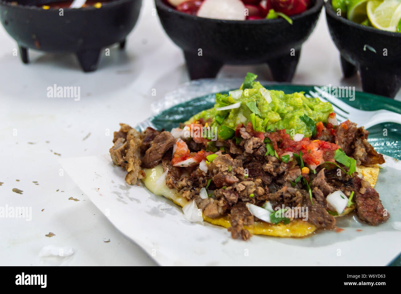 Grilled beef (carne asada) quesadilla, as served in a Tijuana taco shop with guacamole, tomatoes, onions and cilantro Stock Photo