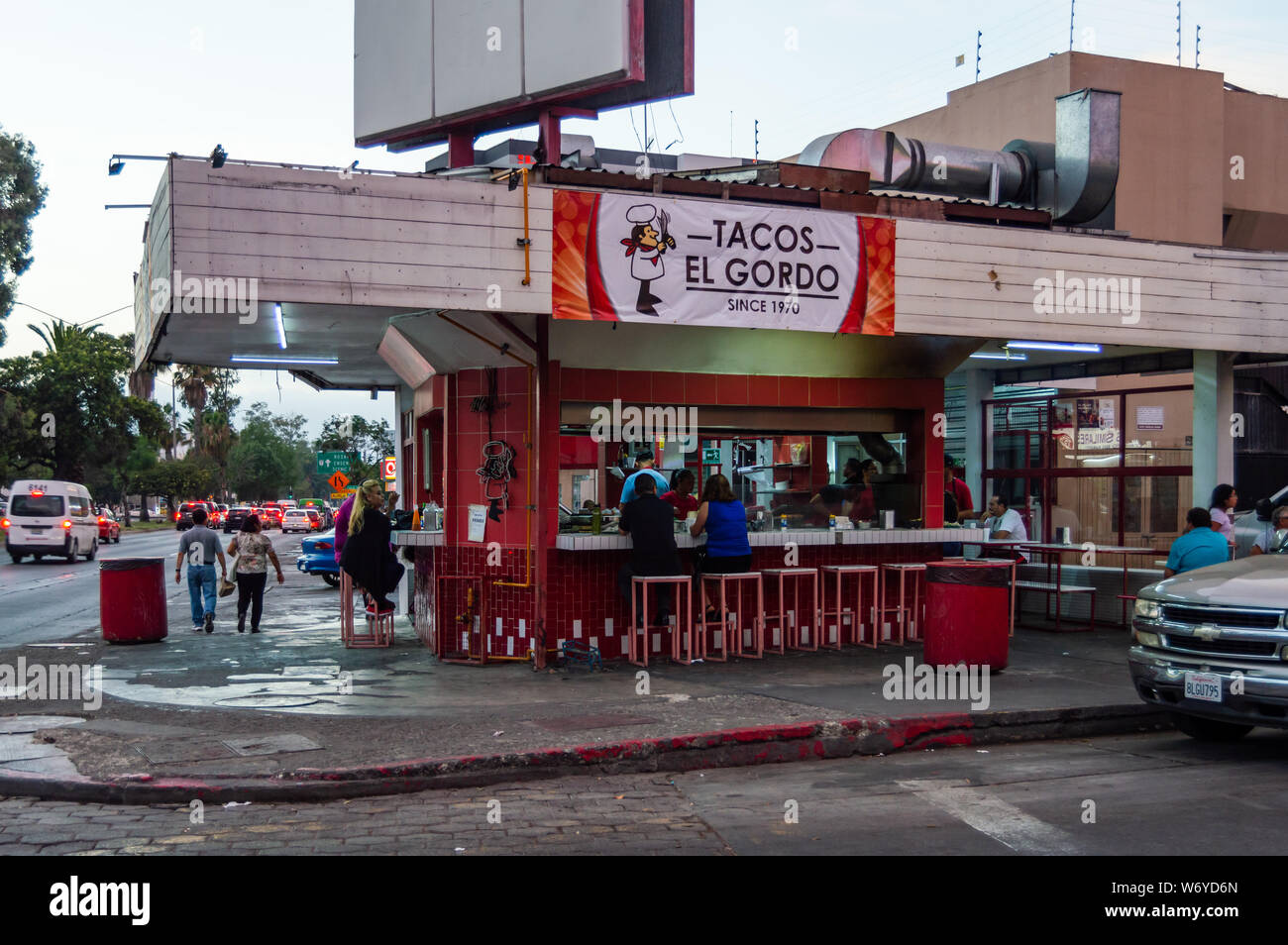 TIJUANA, BAJA CALIFORNIA / MEXICO, JULY 28 2019: Tacos El Gordo, one of Tijuana's famous taco places located in the Zona Rio Stock Photo