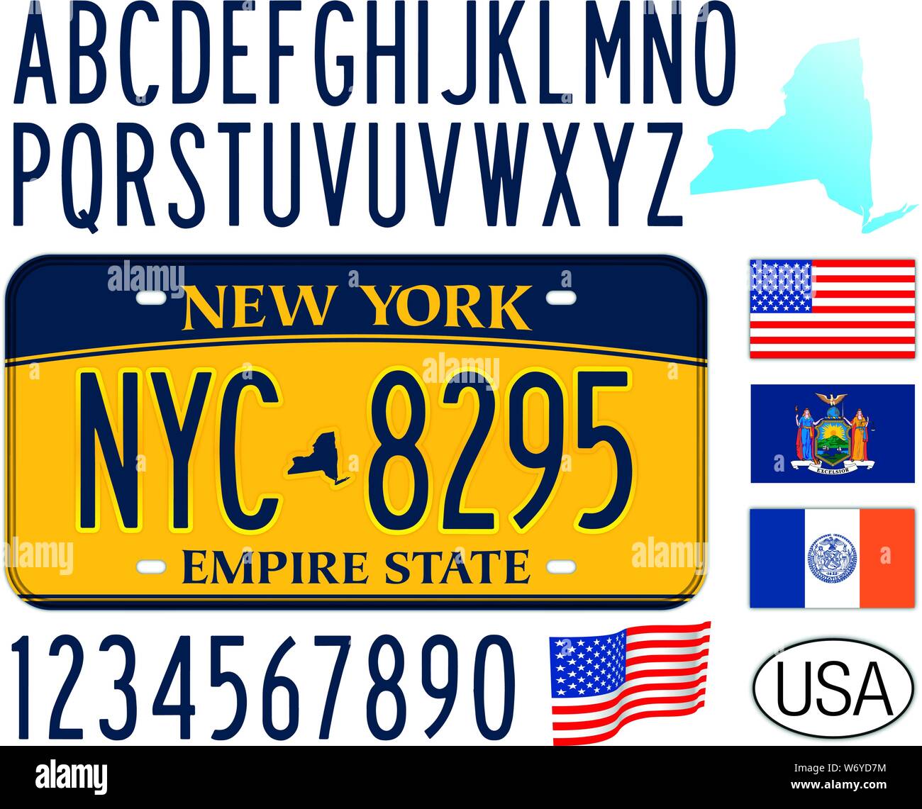 New York State car license plate, letters, numbers and symbols
