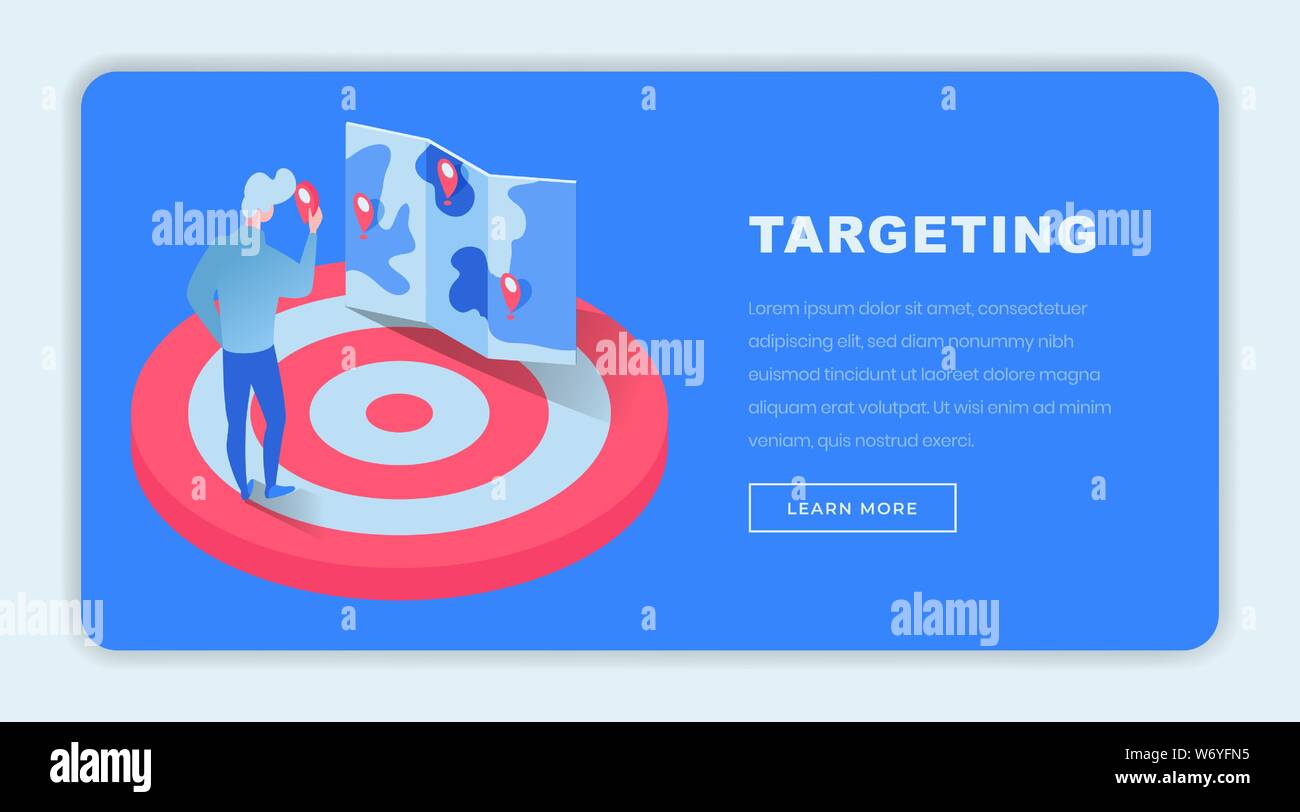Targeting vector isometric landing page template. Finance expert, investor, businessman on dartboard choosing future projects niche on map. Targeted marketing consultancy website page design layout Stock Vector