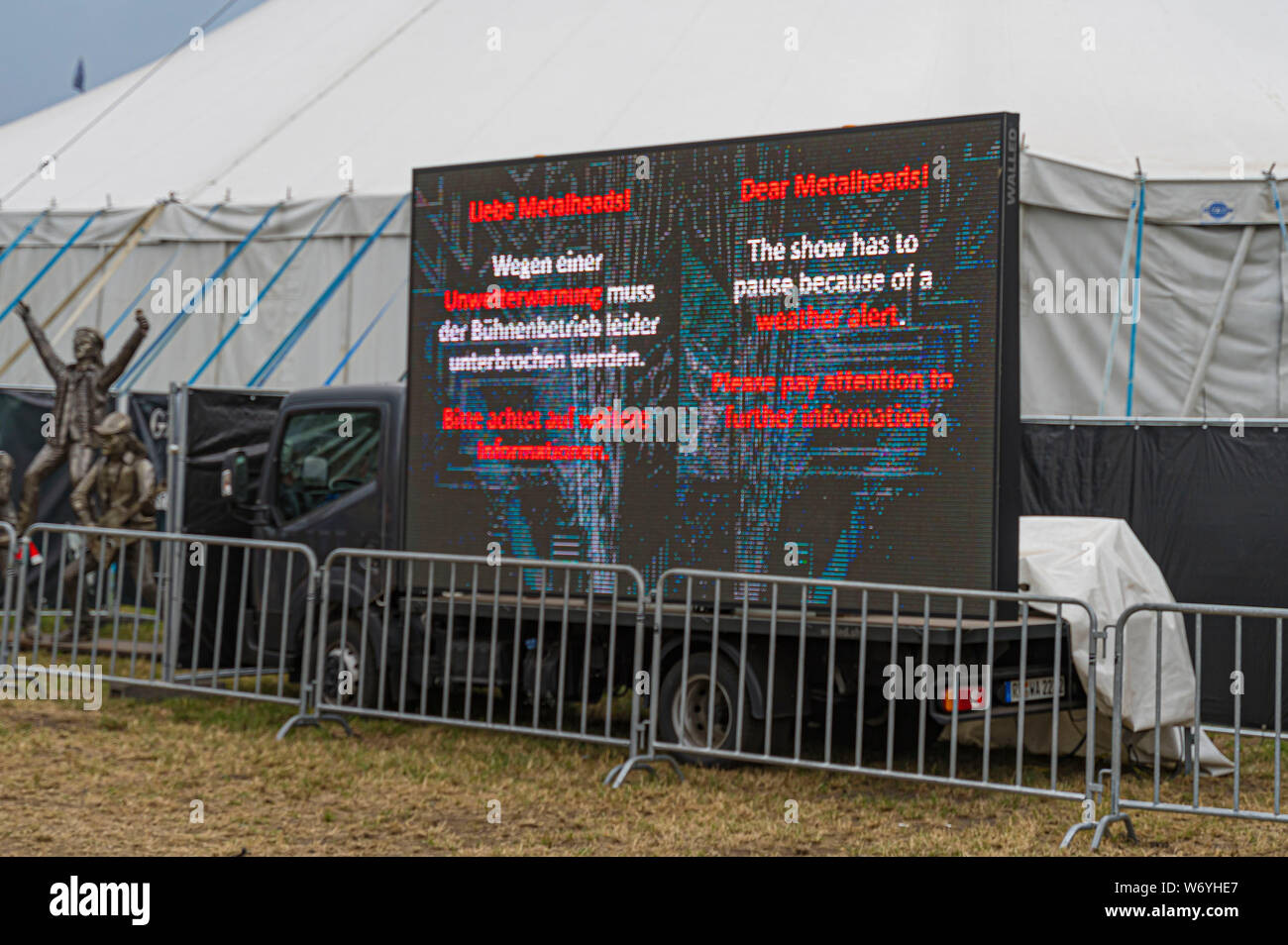 Wacken, Deutschland. 02nd Aug, 2019. The stage program at the 30th Wacken  Open Air Festival - W: O: A 2019 has to be canceled because of a bad weather  warning. Wacken, 02.08.2019 |