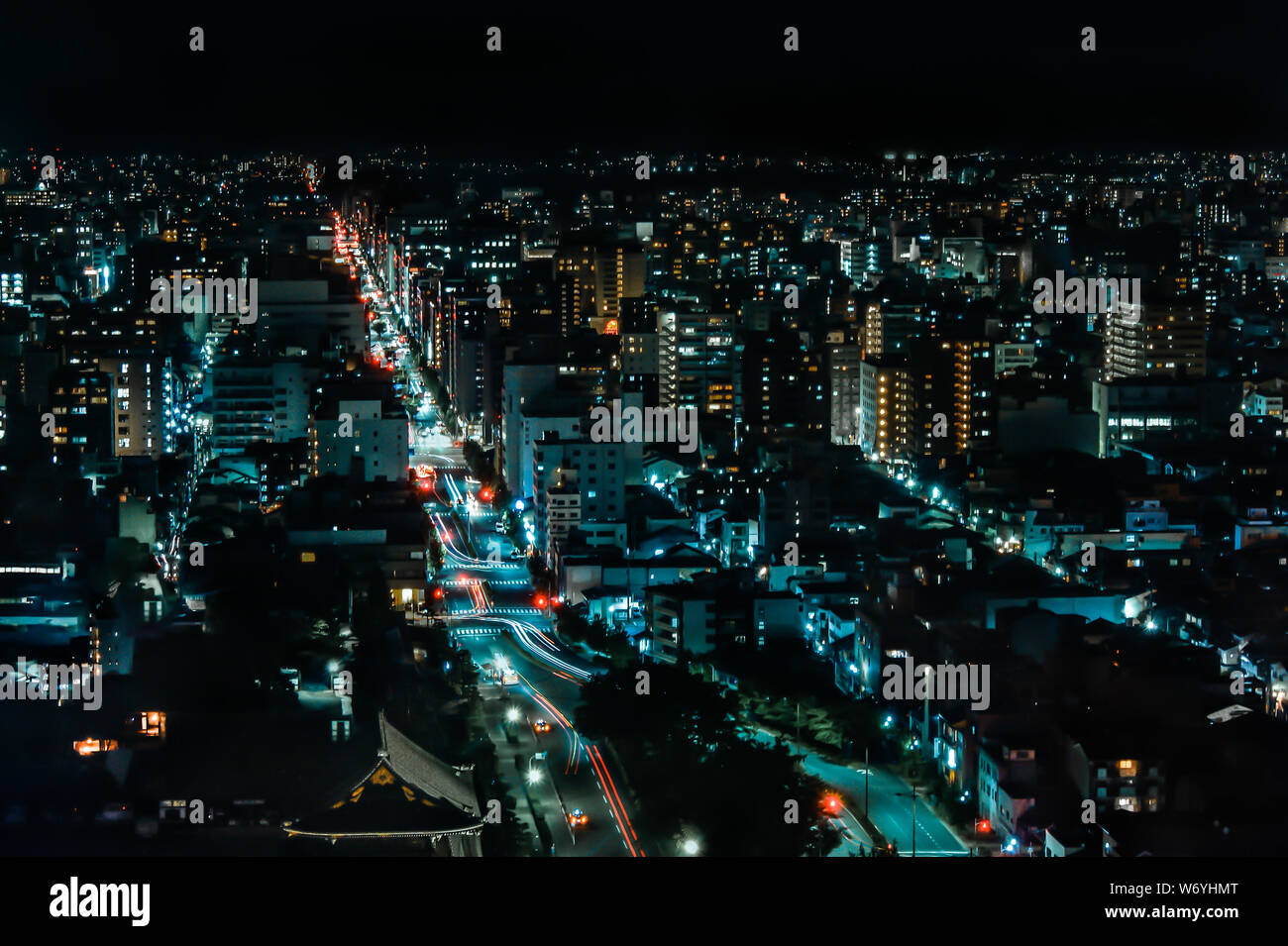 Long exposure aerial shot of the japanese city of Kyoto at night Stock Photo