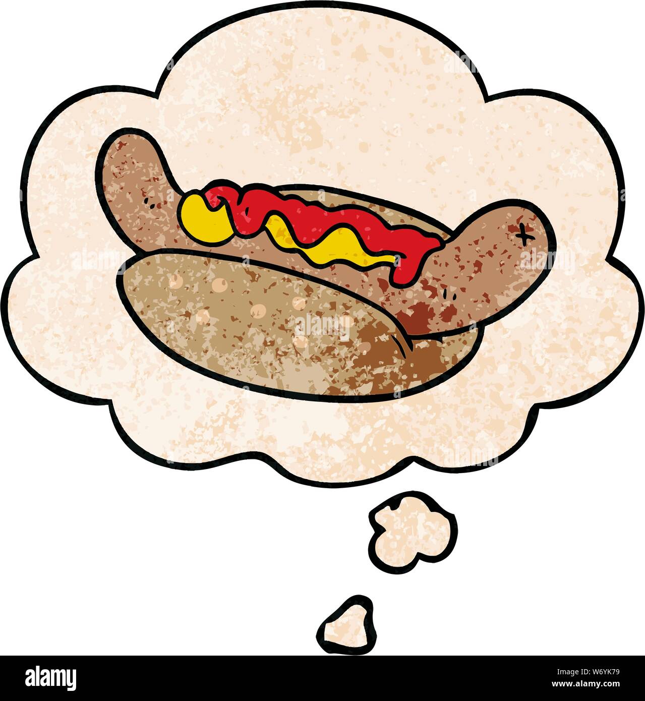cartoon hot dog with thought bubble in grunge texture style Stock Vector