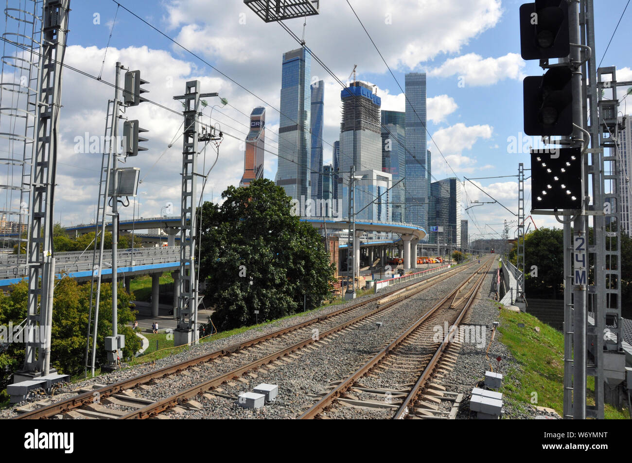 Moscow, Russia - July 30, 2019: railway on the background of the Moscow City International Business Center Stock Photo