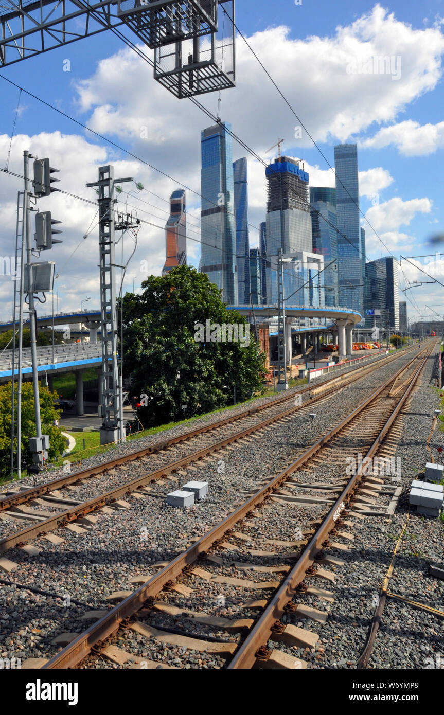 Moscow, Russia - July 30, 2019: railway on the background of the Moscow City International Business Center Stock Photo