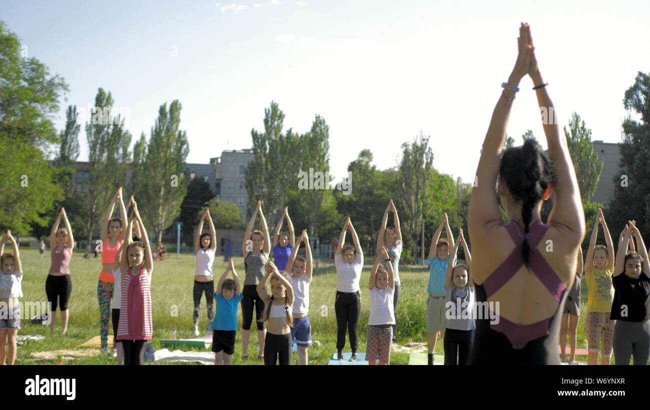 A large group of children engaged in yoga in the Park sitting on the ...