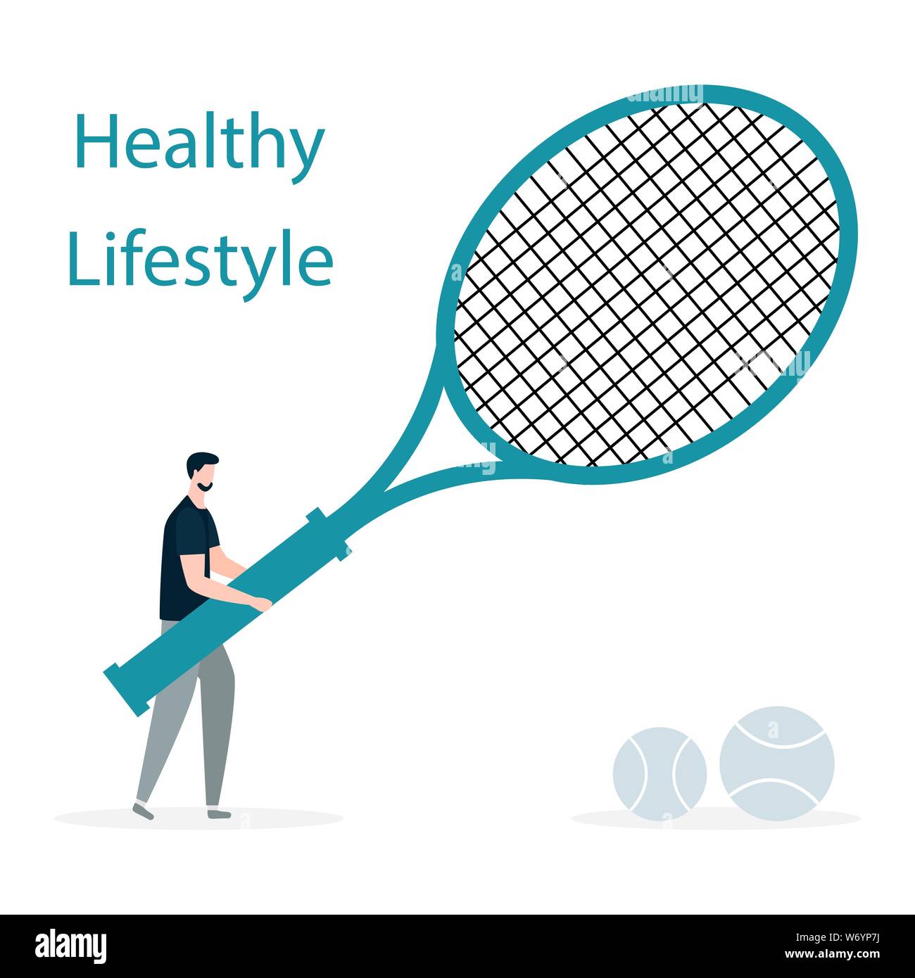 Vector illustration with man, tennis equipment. Playing sport. Workout