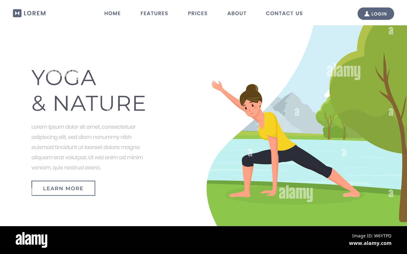 Yoga flat landing page vector template. Woman training body on nature, keeping fit website, webpage. Young girl practicing yoga outdoors, exercising and stretching classes cartoon character Stock Vector
