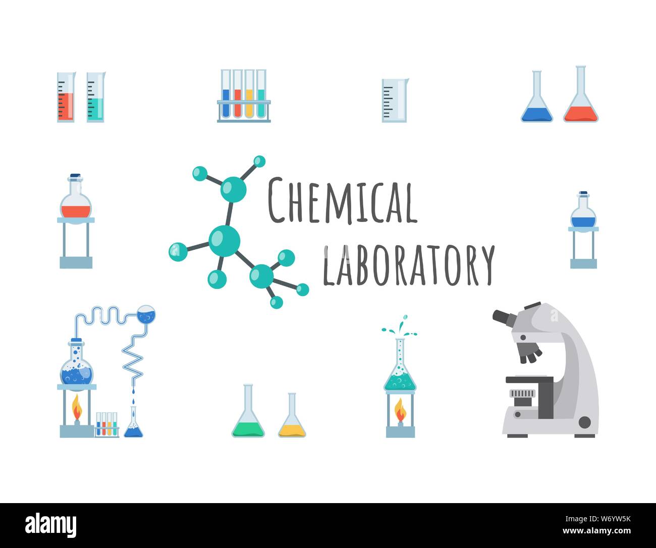 Chemical laboratory equipment vector banner template. Lab glassware, beakers, flasks and test tubes. Modern high precision microscope, measuring cup on innovative research center poster design Stock Vector