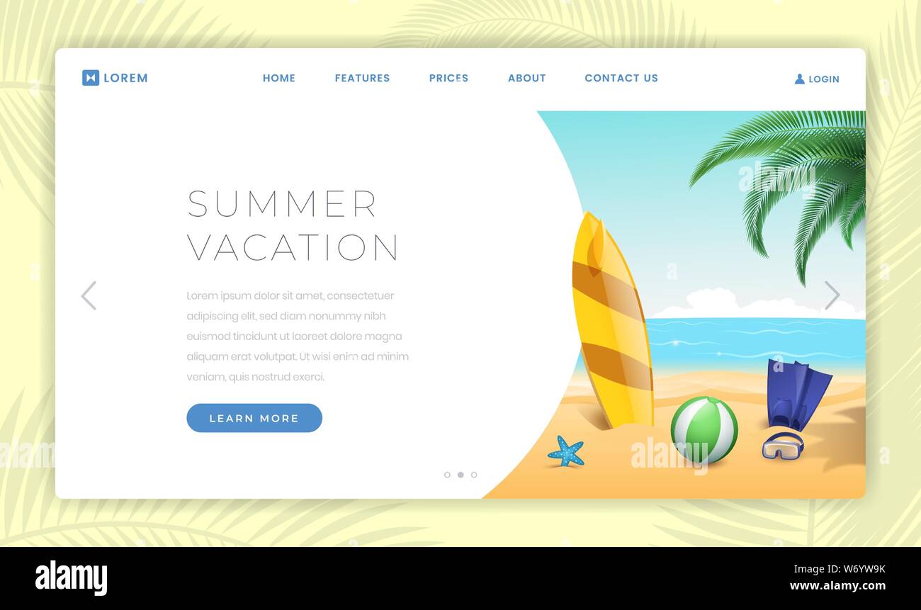 Summertime vacation vector landing page template. Surfing, scuba diving equipment on sandy beach. Active summer rest, seaside outdoor activities, extreme sports advertising website page design layout Stock Vector