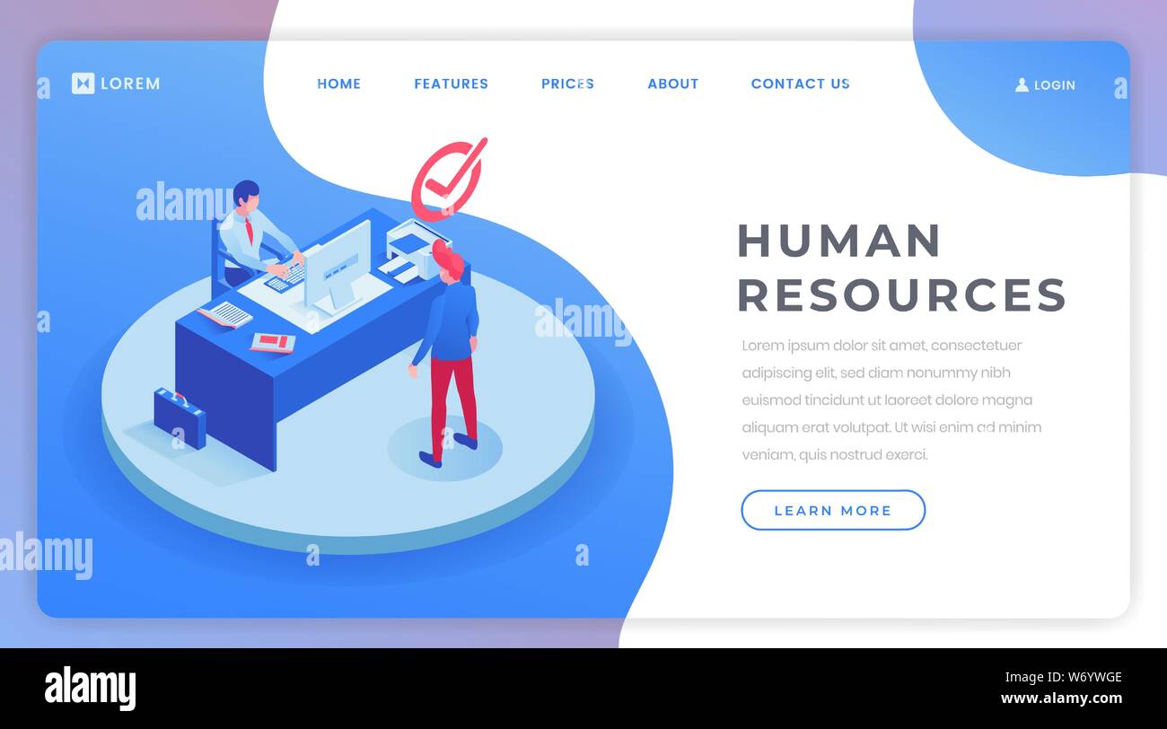 Human resources landing page isometric template. Candidate at job interview, talent manager, HR agent, headhunter office website homepage layout. Employment service vector illustration Stock Vector