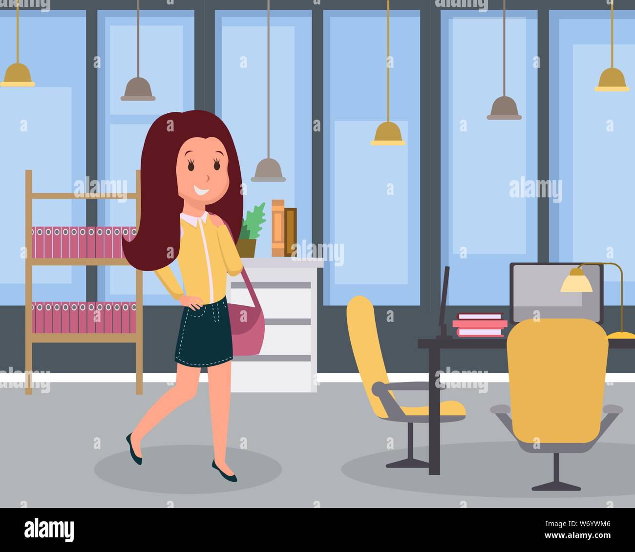 Woman At Work Flat Vector Illustration Female Smiling Employee At