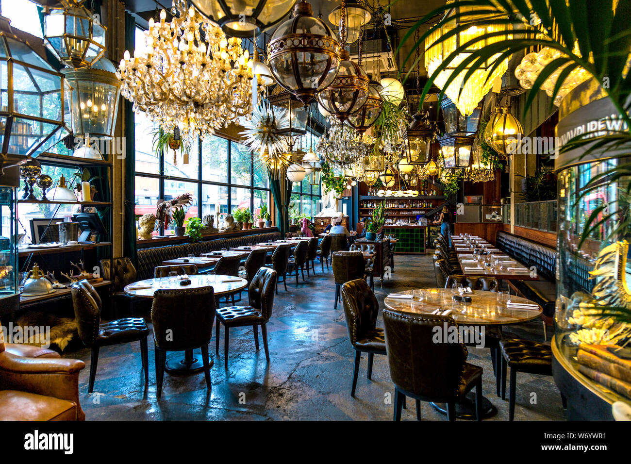 Interior of the Dining Room and Pure White Lines antique shop at Mare Street Market, Hackney, London, UK Stock Photo