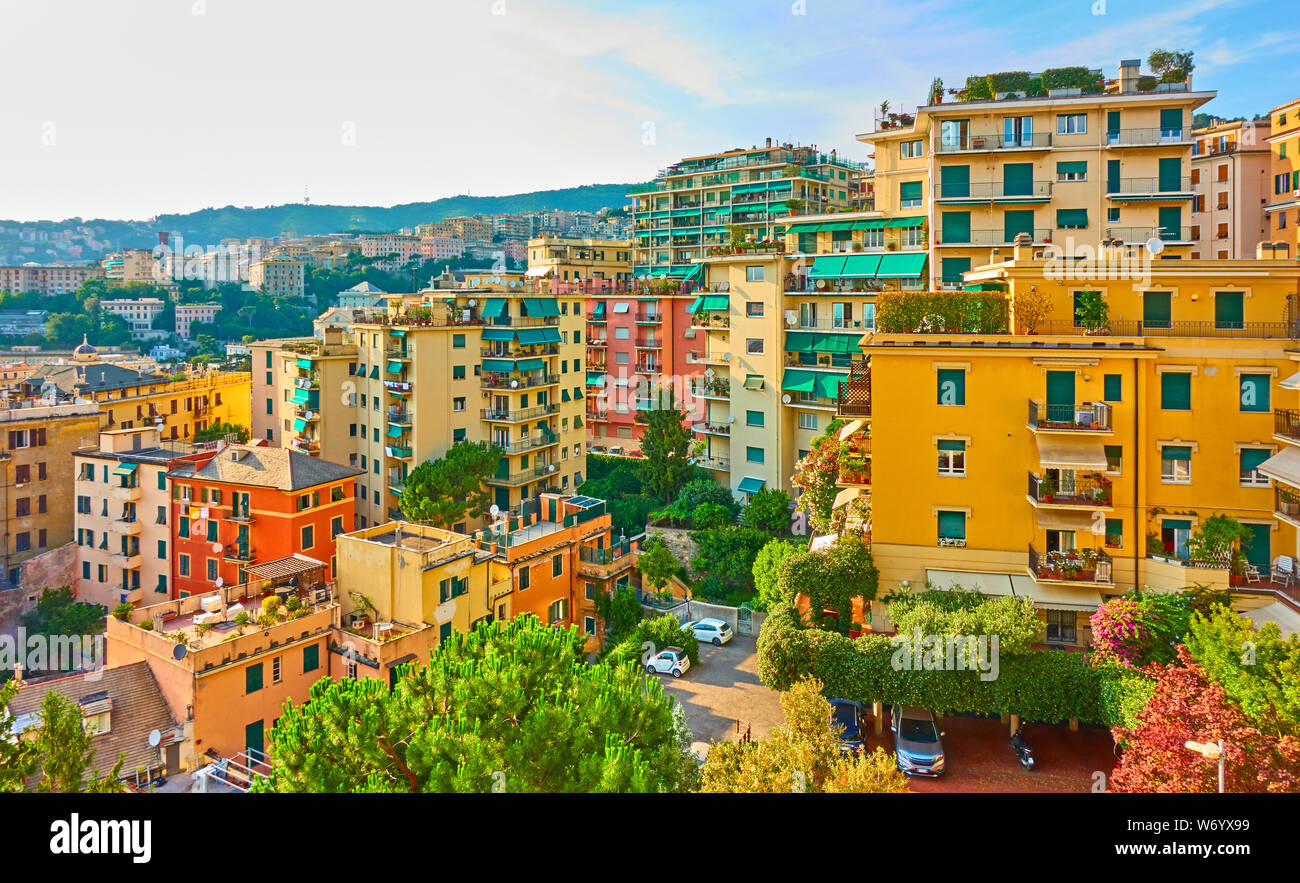 Picturesque residential buildings of Castelletto district in Genoa in the evening, Genova, Italy Stock Photo