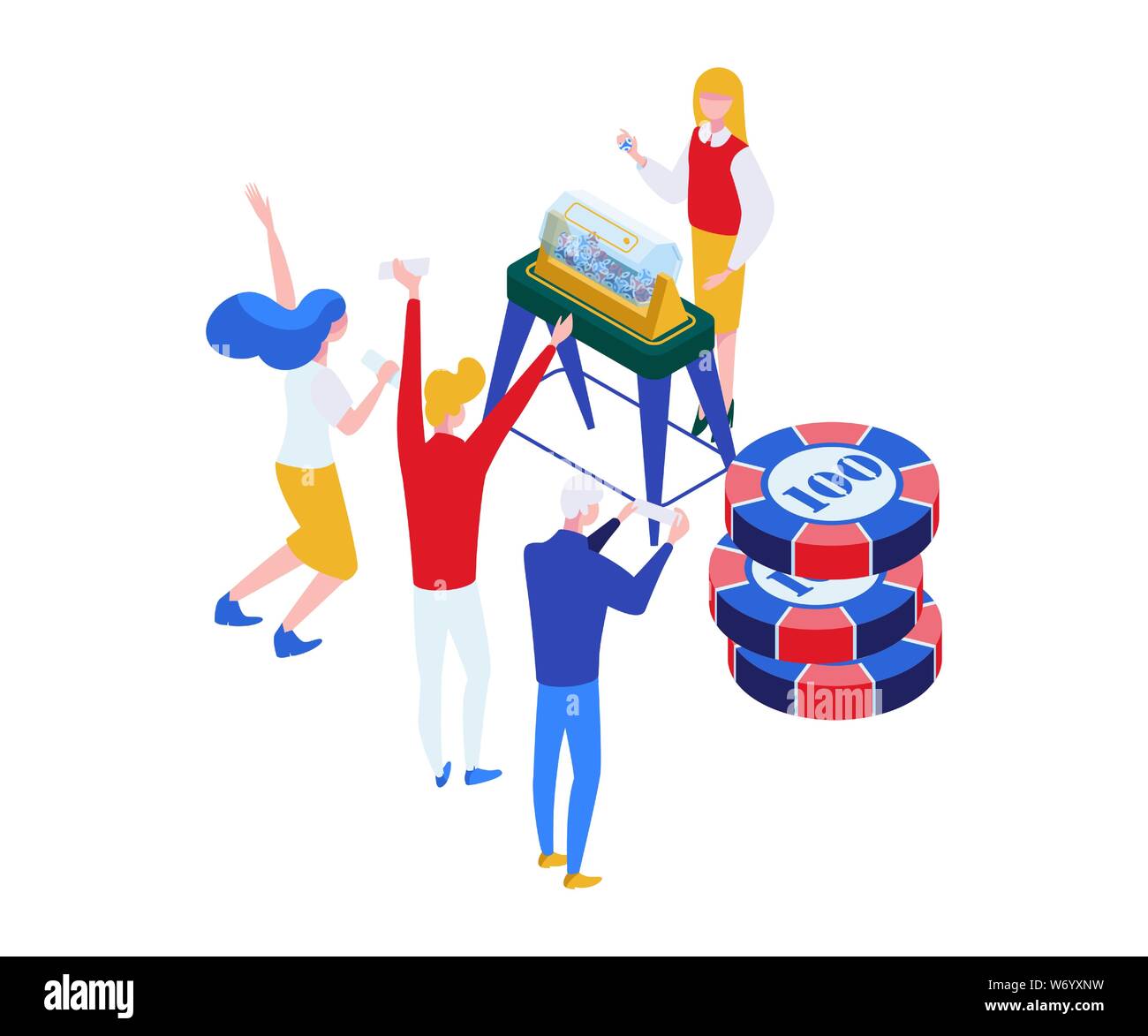 Lottery players and host isometric illustration. Gamers holding lottery tickets, happy lucky jackpot winners faceless characters. Balls rotation machine, lotto drum, bingo 3D isolated clipart Stock Vector