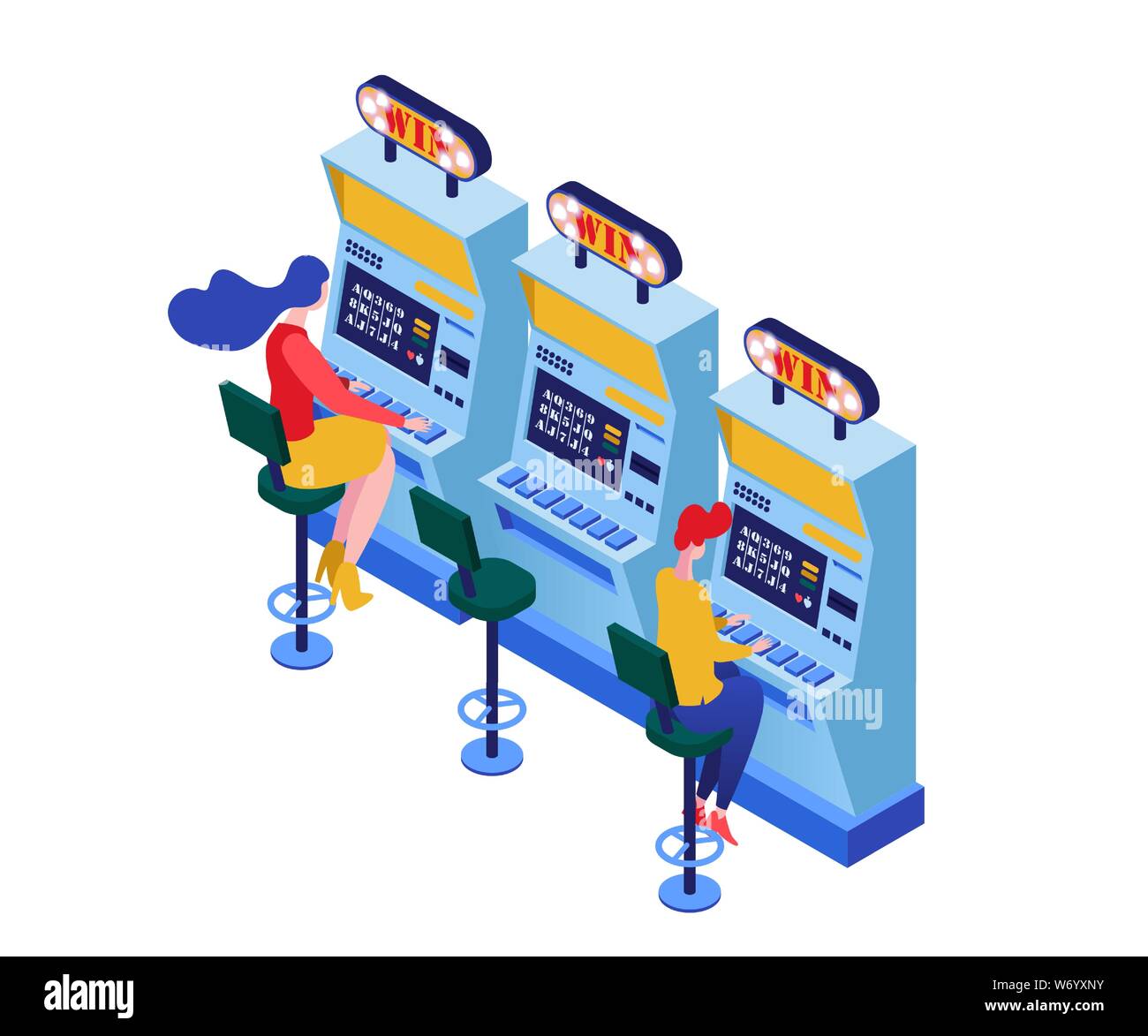 Slot machines playing isometric vector illustration. Gamblers playing one arm bandit, winning jackpot 3d characters. Gambling business, modern addictive entertainment industry isolated clipart Stock Vector