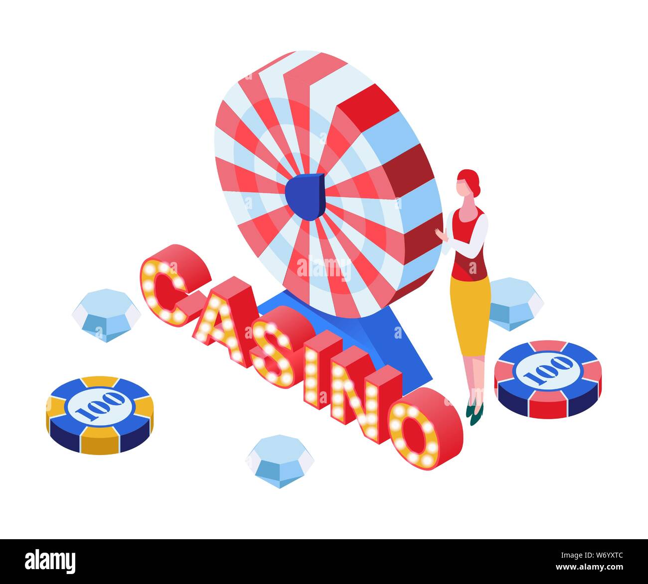 Casino game croupier isometric illustration. Gambling business, casino luxury roulette striped wheel 3D isolated clipart. Modern entertainment, poker chips and diamonds prizes drawing Stock Vector