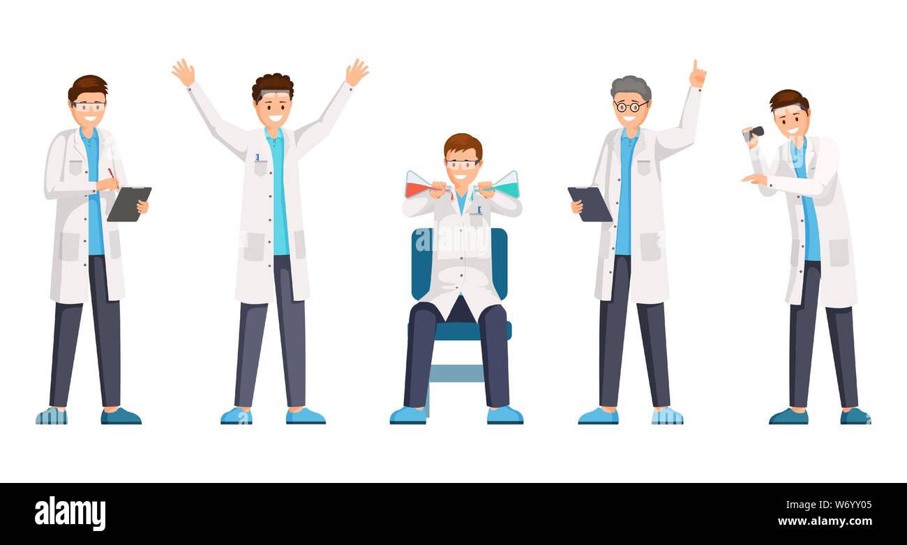 Scientists flat vector characters set. Happy researchers wearing white
