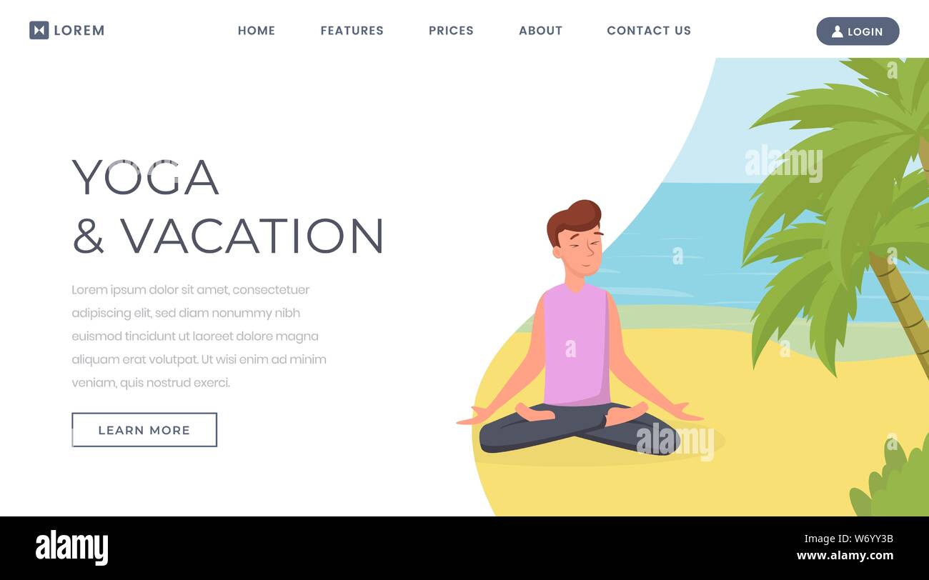 Meditation flat landing page vector template. Yoga during vacation, yoga classes website, webpage. Male yogi concentrating on beach, relaxing and meditating in lotus pose cartoon character Stock Vector