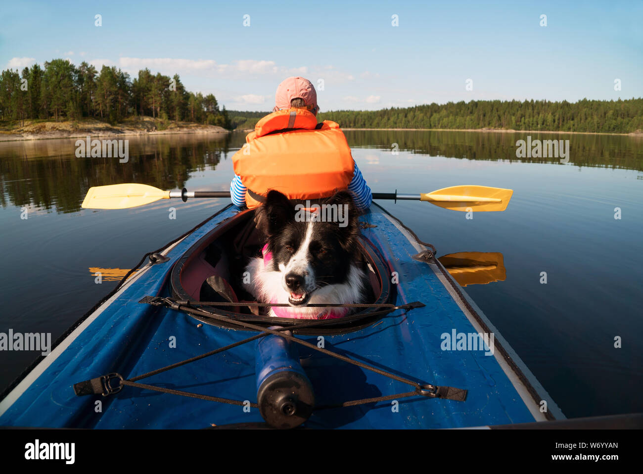 The owner and the dog in a life jacket floating in a kayak boat Stock