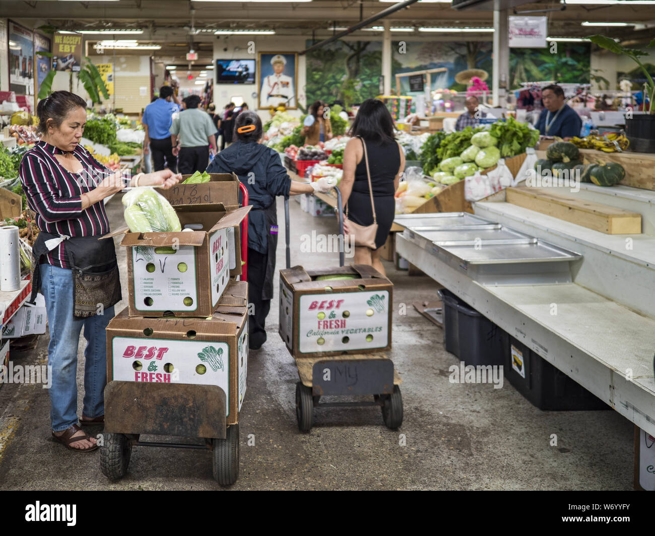 St. Paul, Minnesota, USA. 3rd Aug, 2019. The farmers' market in the Hmong Village shopping center. Thousands of Hmong people, originally from the mountains of central Laos, settled in the Twin Cities in the late 1970s and early 1980s. Most were refugees displaced by the American war in Southeast Asia. According to the 2010 U.S. Census, there are now 66,000 ethnic Hmong in the Minneapolis-St. Paul area, making it the largest urban Hmong population in the world. There are two large Hmong markers in St. Paul. The Hmongtown Marketplace has are more than 125 shops, 11 restaurants, and a farmers' Stock Photo