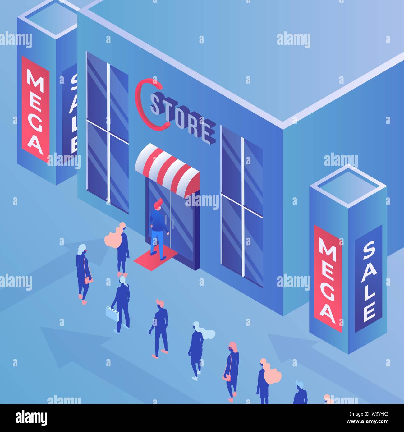 Store mega sale isometric vector illustration. Consumerism, shopping, advertisement and marketing, promo campaign drawing. Buyers in queue, shop discounts and special offers for clients Stock Vector