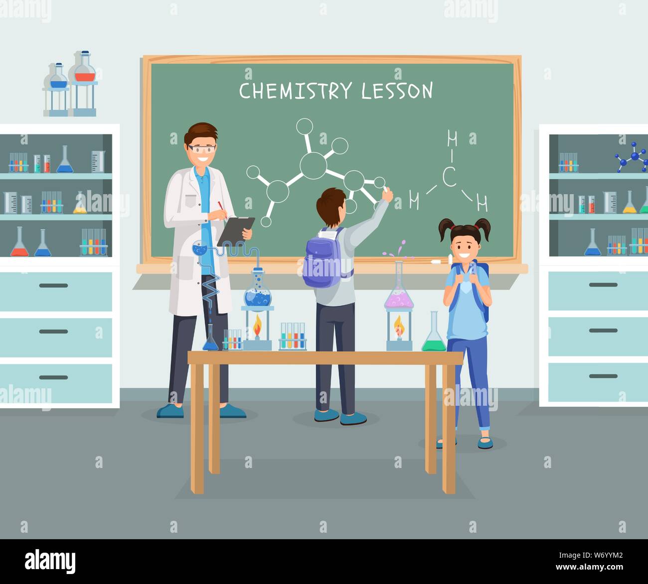 Chemistry Class Flat Vector Illustration Cartoon Teacher In White