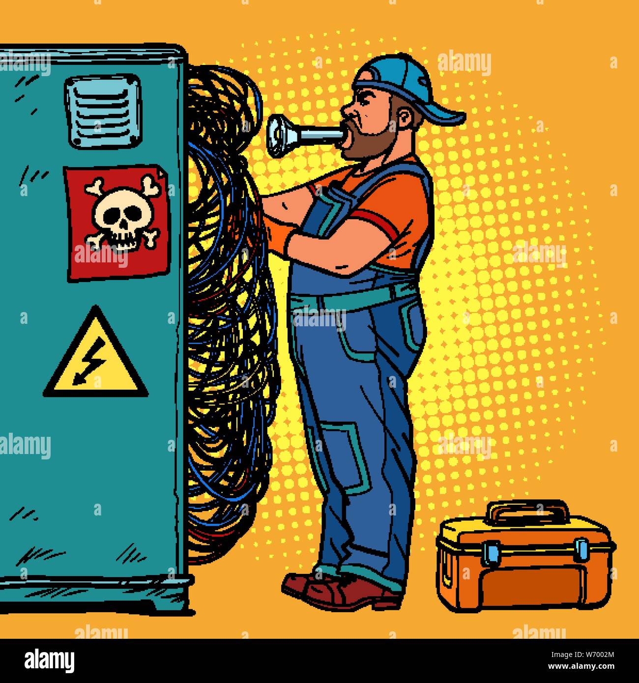 electrician technician repairs wires. Pop art retro vector illustration drawing Stock Vector