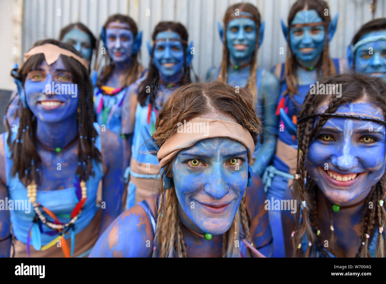 Revellers are seen posing for a picture during the festival.Hundreds of revellers celebrate the XV La Juventud festival in Almazán, north of Spain, wearing funny costumes based on famous video games. During the month of August, the main holiday month in Spain, thousands of villages and cities celebrate their fiestas (festivals). Stock Photo
