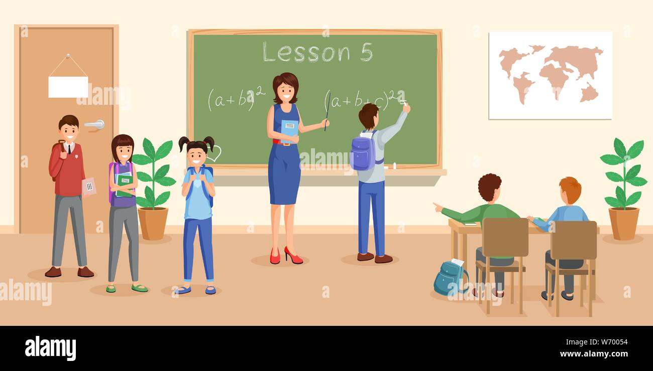 Teaching Mathematics Flat Vector Illustration Cheerful Teacher At Chalkboard Explaining Maths To Pupils Cartoon Characters Schoolchildren Study Arithmetics Algebra Formula Doing Sums Stock Vector Image Art Alamy