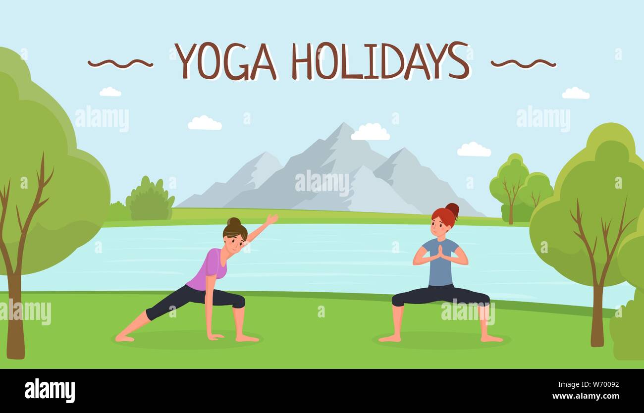 Yoga holidays flat vector banner template. Young girls practicing yoga outdoors, women training on nature cartoon characters. Workout, stretching, meditation and fitness class advertising Stock Vector