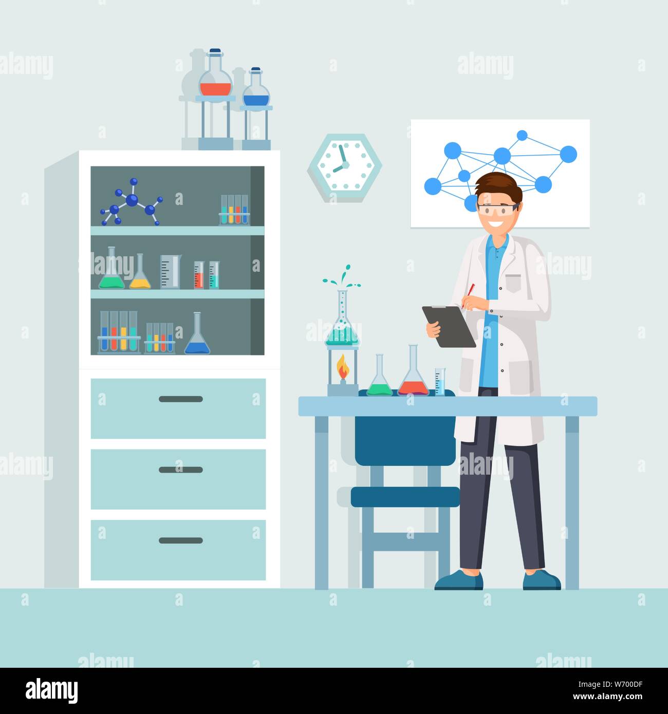 Scientist at work vector illustration. Male lab worker taking notes, describing test, chemical reaction cartoon character. Cheerful researcher doing experiments in laboratory, using lab equipment Stock Vector