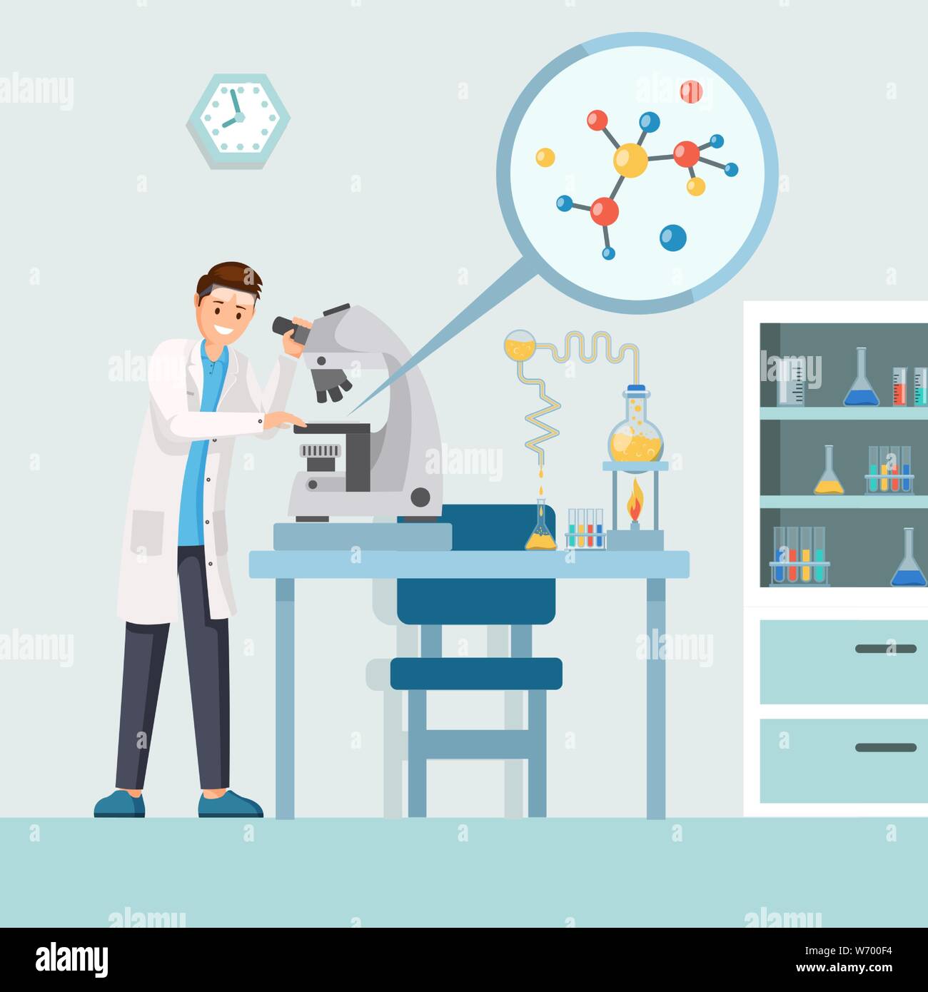 Lab worker flat vector illustration. Male scientist studying test results, molecule structure in microscope cartoon character. Pharmacologist analyzing bacteria, virus structure using lab equipment Stock Vector