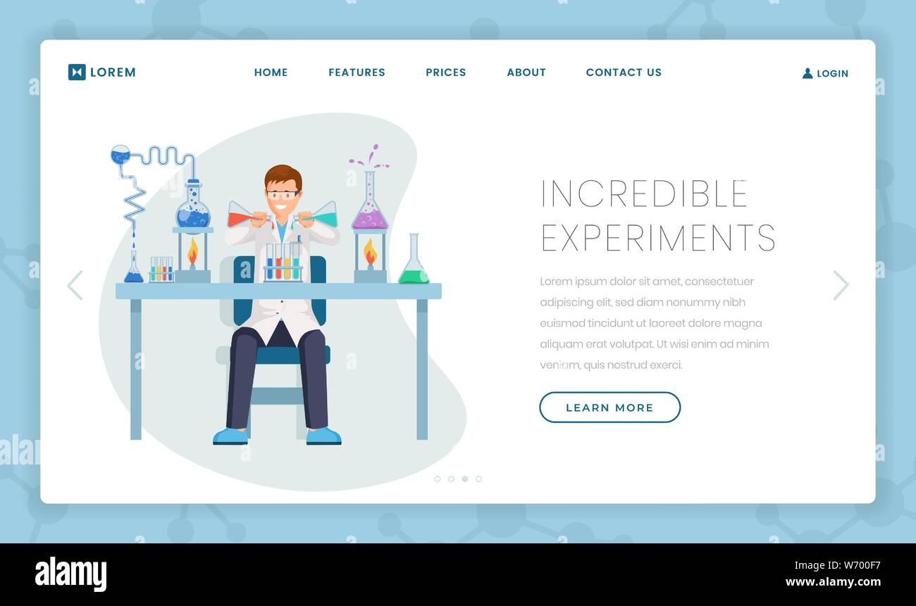 Chemical experiments vector landing page template. Cartoon researcher working in lab, mixing liquids, combining substances in flasks. Modern scientific laboratory promo website page design layout Stock Vector
