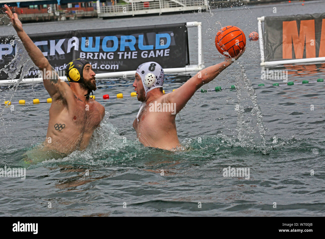 Salford, 3rd August, 2019. Ciaran James, a British water polo player who  took part in the 2012 Summer Olympics, competing for the Great Britain  men's national water polo team takes part in