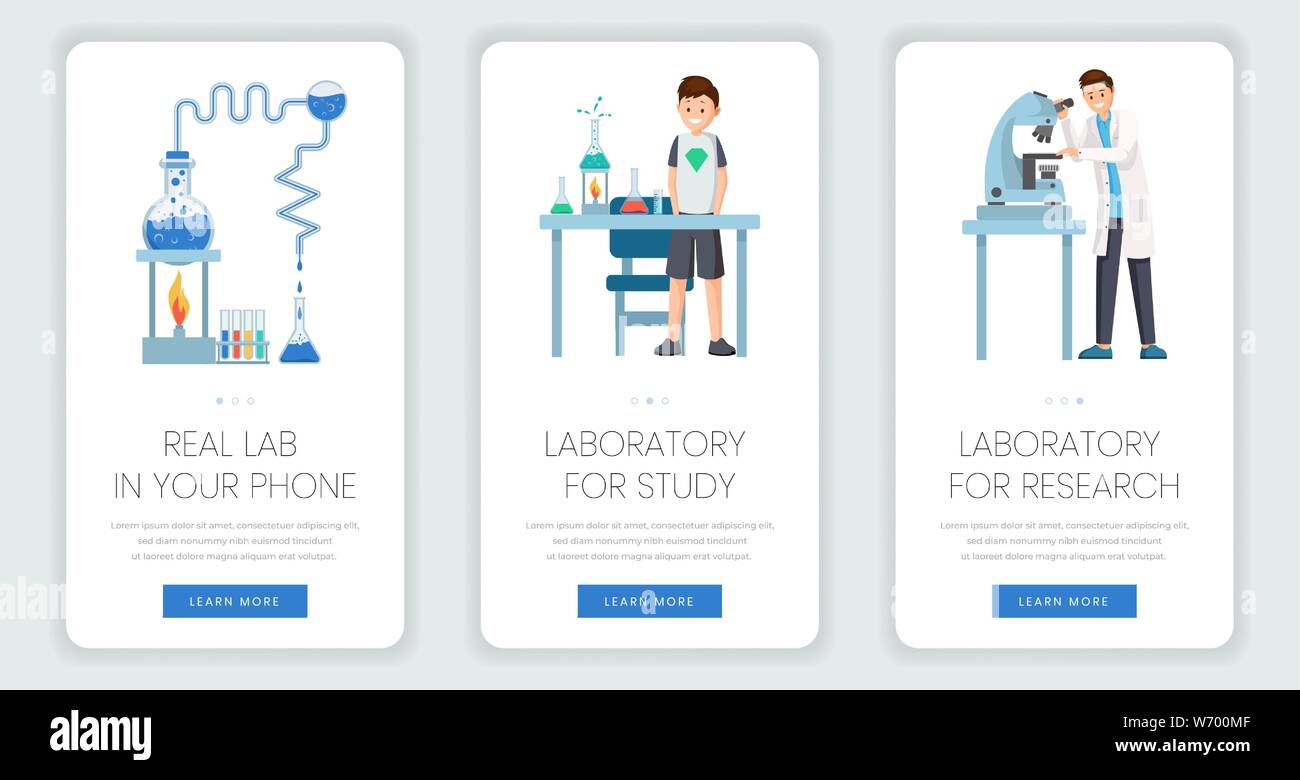 Online laboratory mobile webpage templates set. Modern technologies for doing experiments, teaching chemistry at school. Scientific discoveries, medical breakthrough mobile app website page design Stock Vector