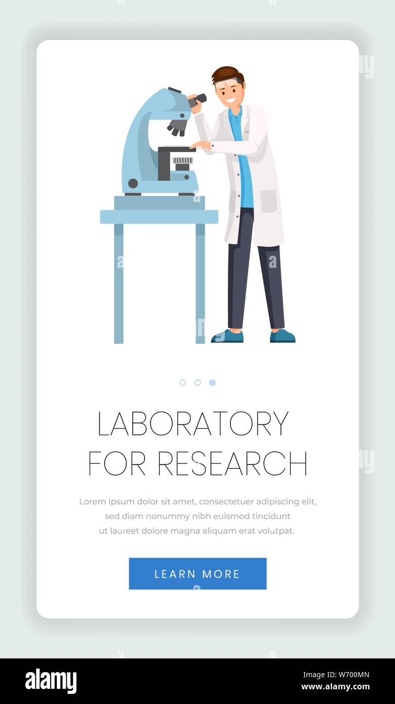 Research laboratory mobile vector webpage template. Lab worker, chemist, pharmacologist using microscope cartoon character. Innovative scientific discoveries mobile app website page design Stock Vector