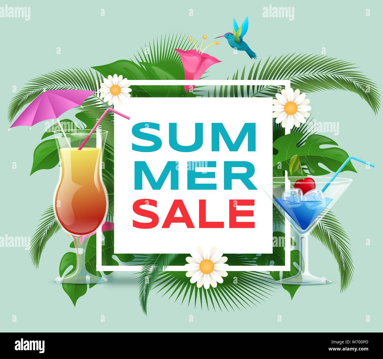 Cocktails sale flat vector banner template. Summertime refreshing beverages discount offer. Trendy inscription in square frame with palm, monstera leaves, exotic hummingbirds social media post Stock Vector