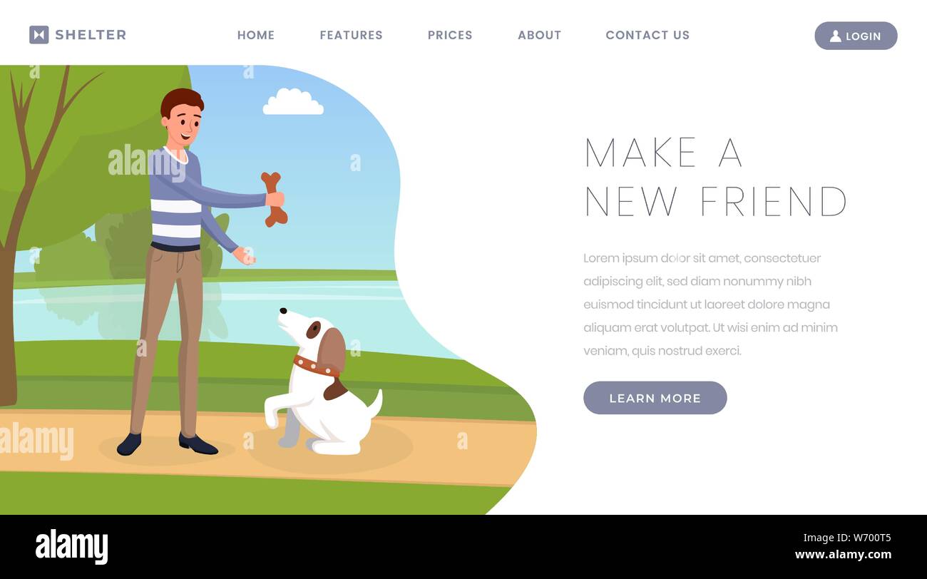 Dog shelter flat landing page template. Pet owner, volunteer playing with cute puppy outdoors cartoon character. Kennel, lost, abandoned animals adoption center website page design layout Stock Vector